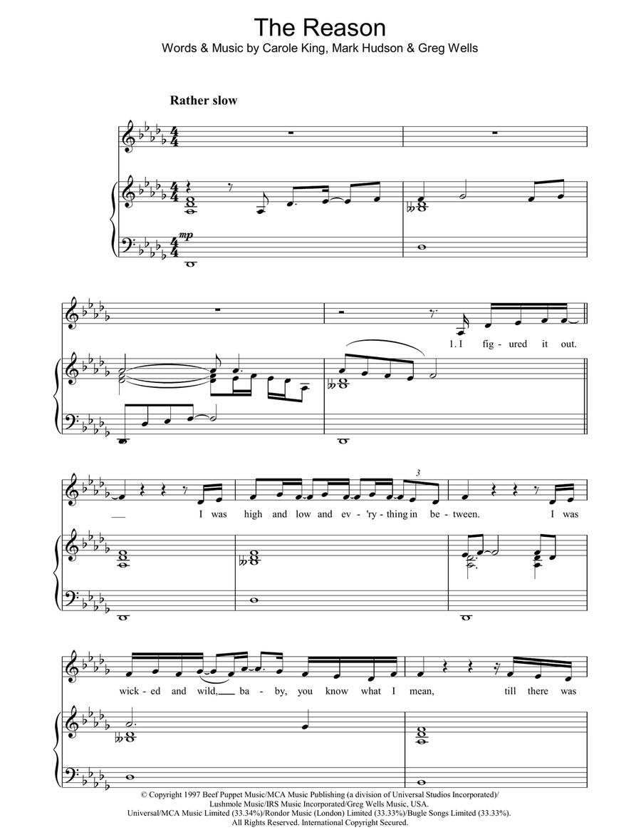 The Reason Piano, Vocal, Guitar scores gallery preview page 1
