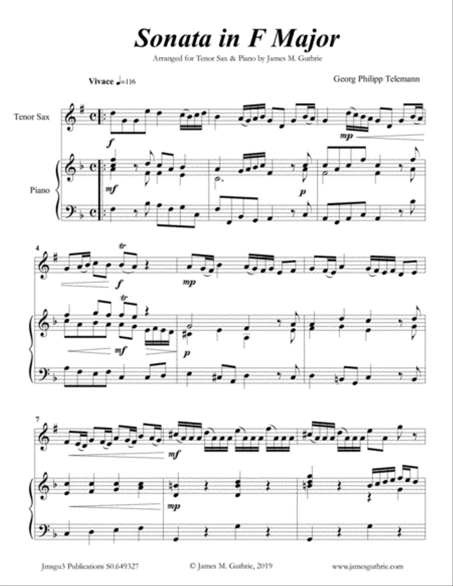 Telemann: Sonata in F Major for Tenor Sax & Piano Tenor Saxophone scores gallery preview page 1