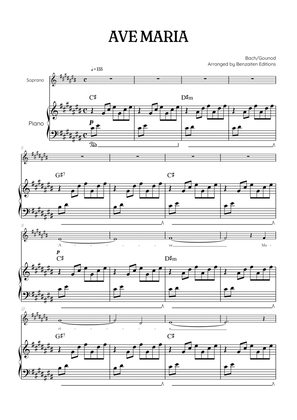 Bach / Gounod Ave Maria in C sharp [C#] • soprano sheet music with piano accompaniment and chords