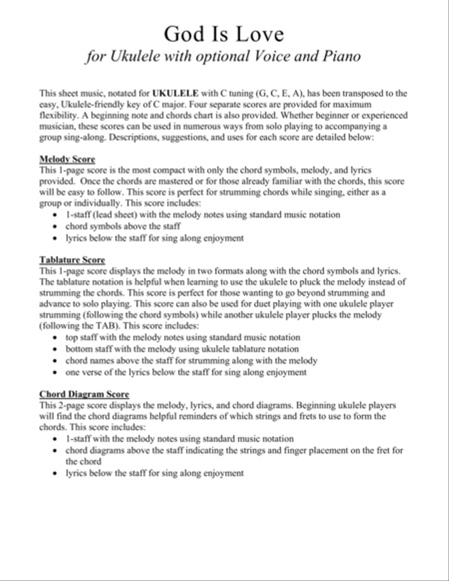 God Is Love for Ukulele (Chords, TAB, Melody, and Lyrics with optional Piano Accompaniment) Voice scores gallery preview page 2