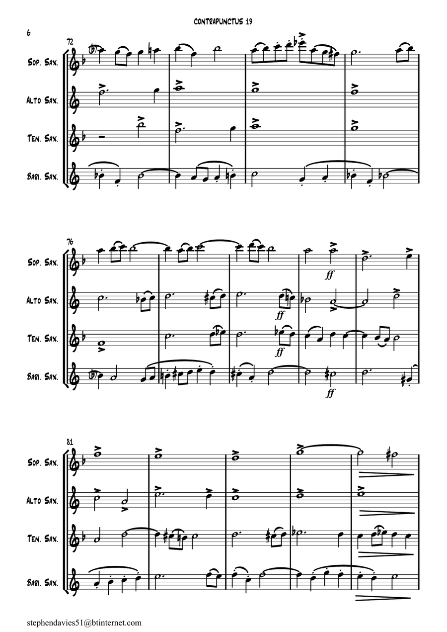 'Contrapunctus 19' By J.S.Bach BWV 1080 from 'The Art of the Fugue' for Saxophone Quartet. Saxophone Quartet scores gallery preview page 6