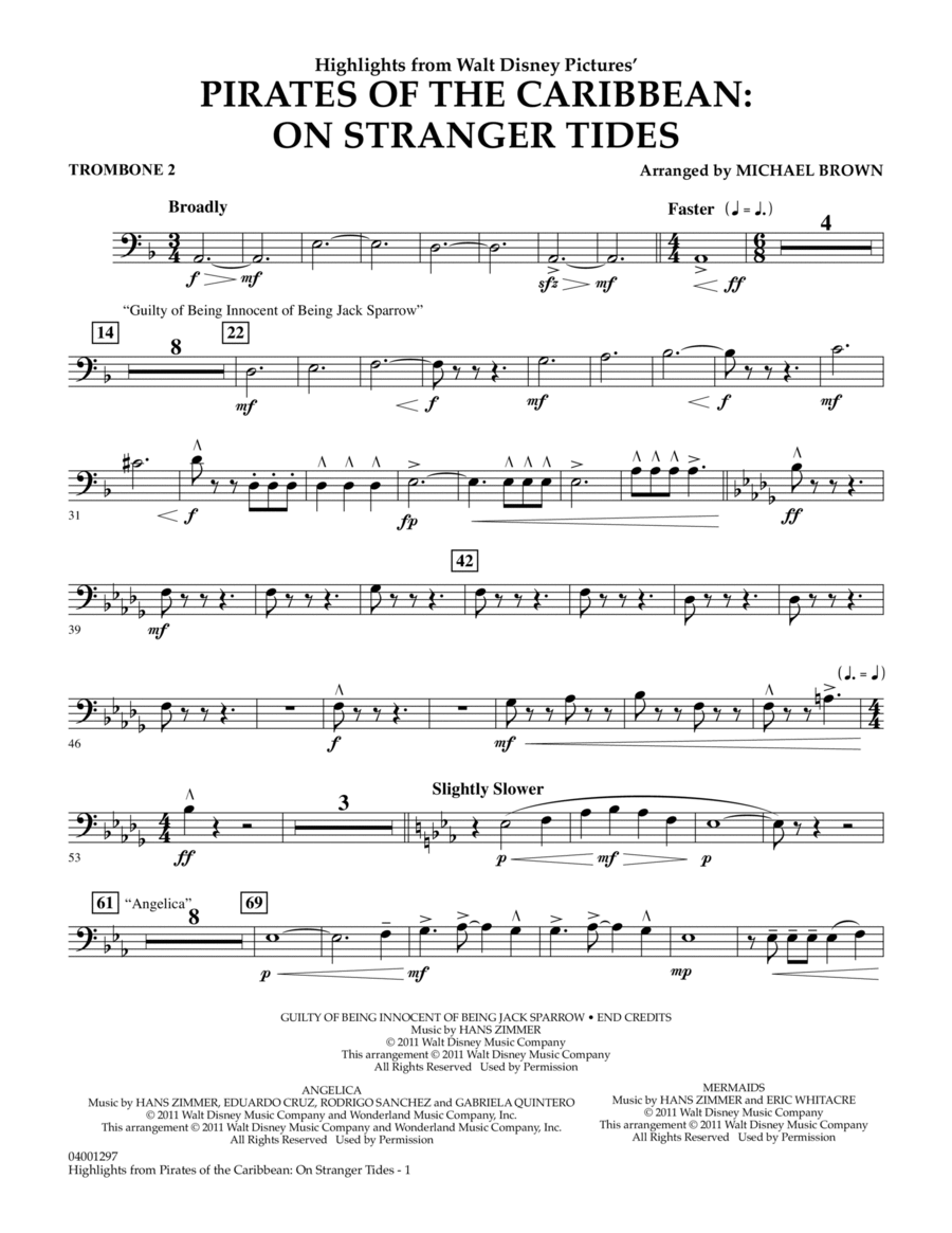 Highlights from Pirates Of The Caribbean: On Stranger Tides - Trombone 2 Concert Band scores gallery preview page 1