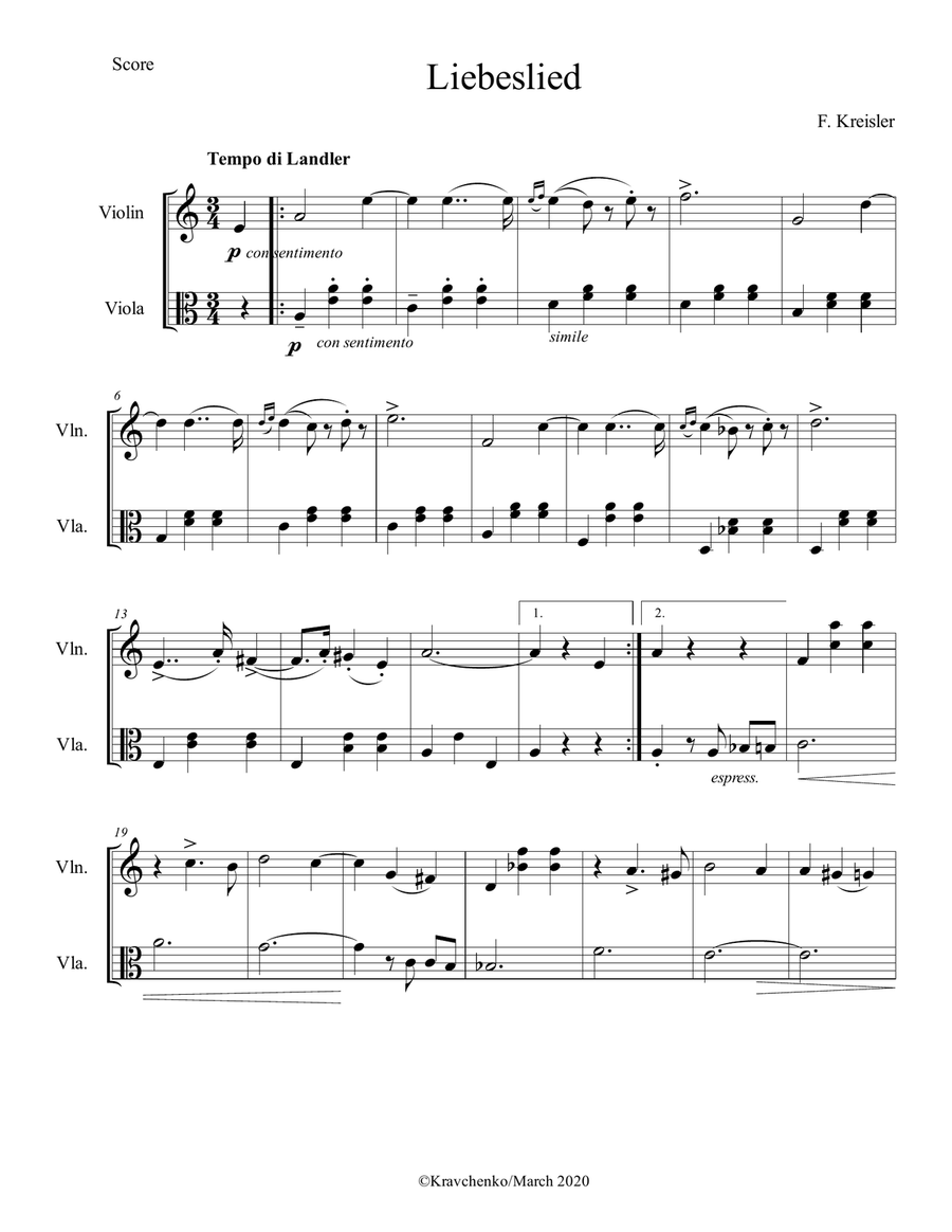 Fritz Kreisler - Love's Sorrow (Liebesleid) for violin and viola duo (score and parts) String Duet scores gallery preview page 1
