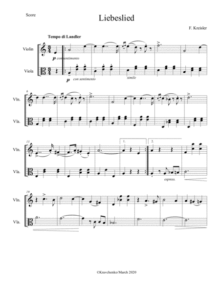 Fritz Kreisler - Love's Sorrow (Liebesleid) for violin and viola duo (score and parts)