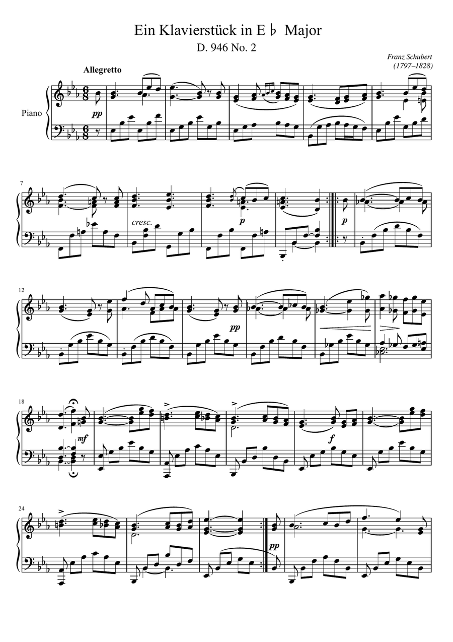 Schubert - Ein Klavierstück D.946 No.2 in E♭ Major - Original For Piano Solo Piano Solo scores gallery preview page 1