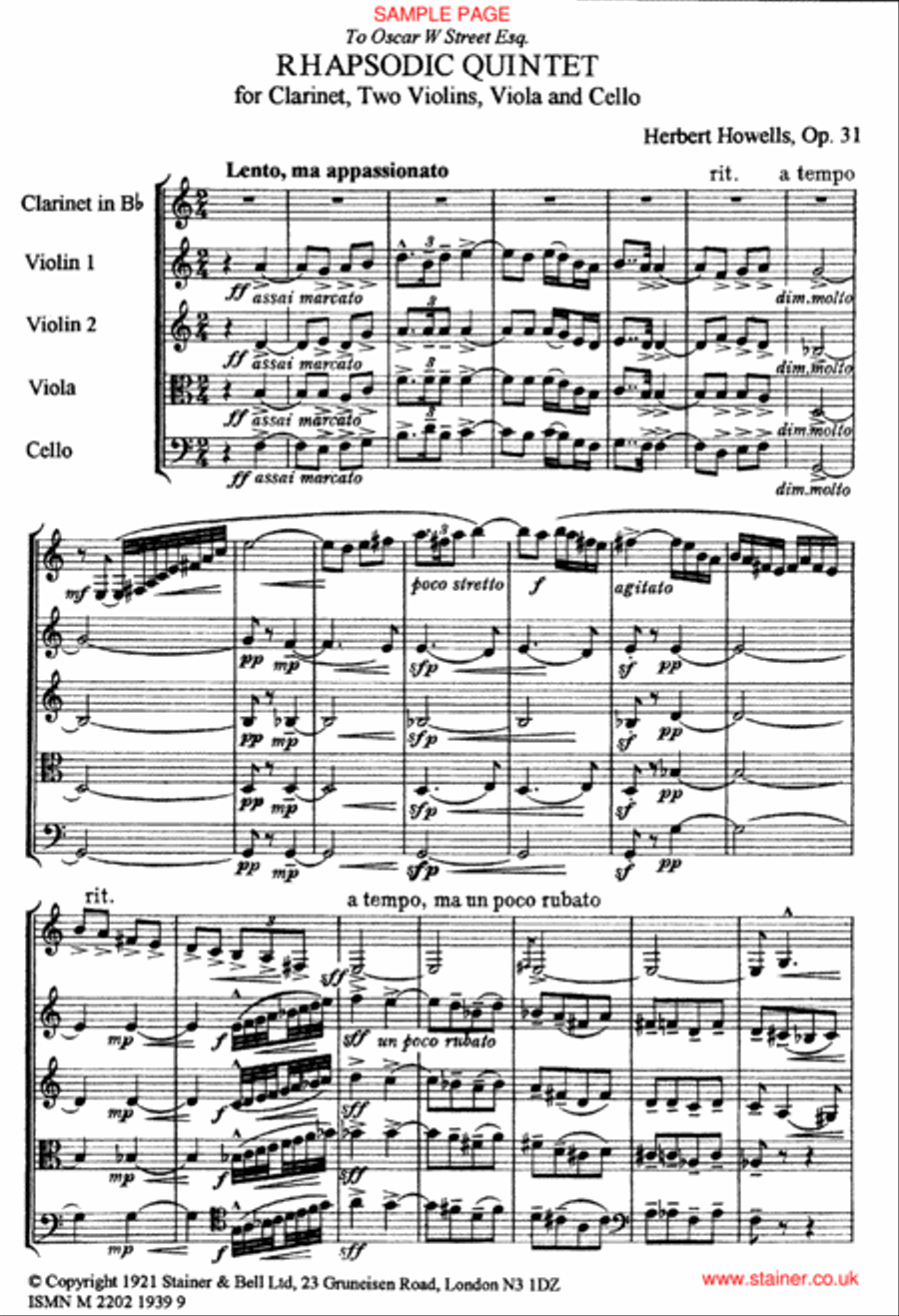 Rhapsodic Quintet, Op 31. (1917) Clarinet, Two Violins, Viola and Cello Clarinet scores gallery preview page 2