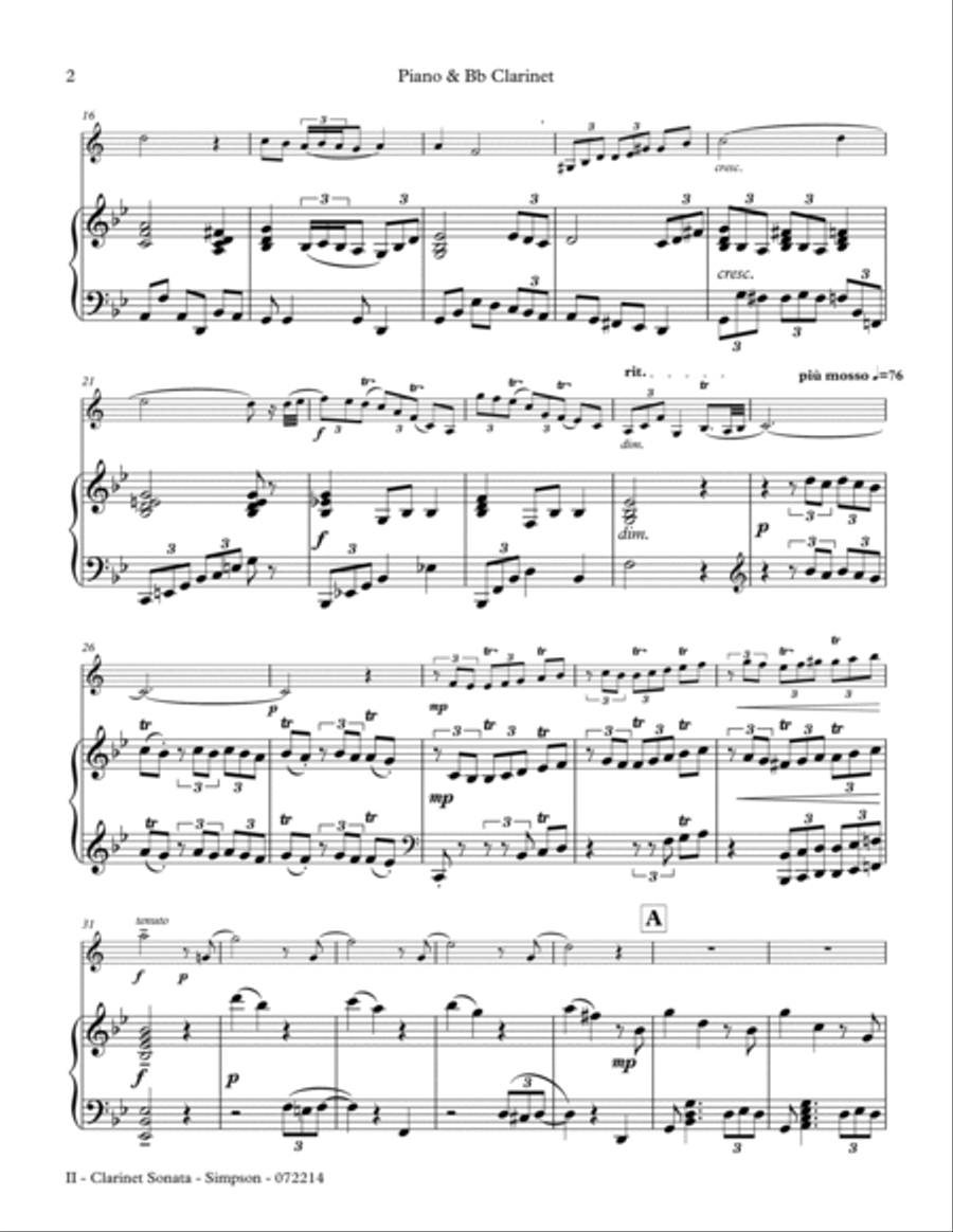 Clarinet Sonata - 2nd Mov., (Andante affettuoso) Clarinet Solo scores gallery preview page 2