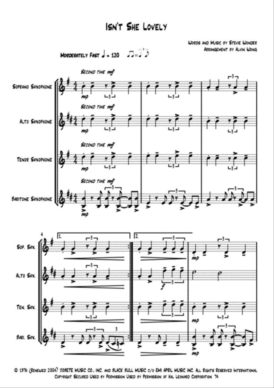 Isn't She Lovely Saxophone Quartet scores gallery preview page 2