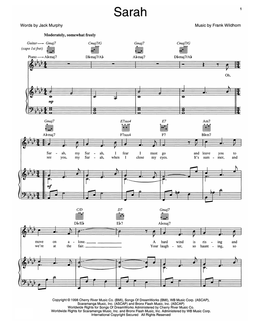 Sarah Piano, Vocal, Guitar scores gallery preview page 1