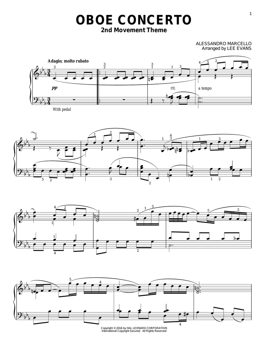 Oboe Concerto In C Minor, 2nd Movement (arr. Lee Evans) Piano Solo scores gallery preview page 1