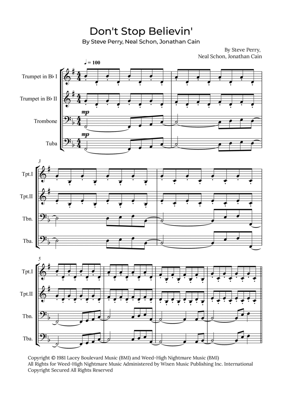 Don't Stop Believin' Brass Quartet scores gallery preview page 1