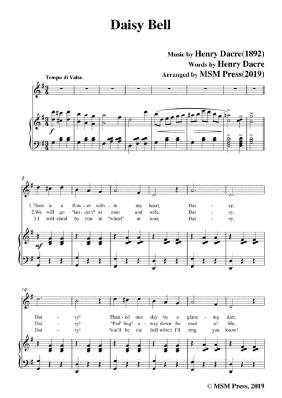 Henry Dacre-Daisy Bell,in G Major,for Voice and Piano Voice Solo scores gallery preview page 3