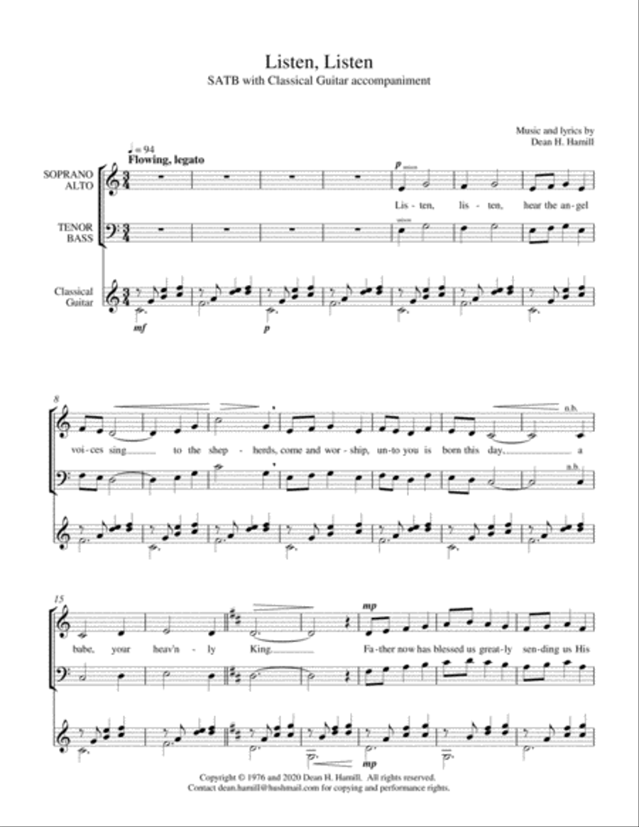Listen, Listen (SATB with Classical Guitar) 4-Part scores gallery preview page 1