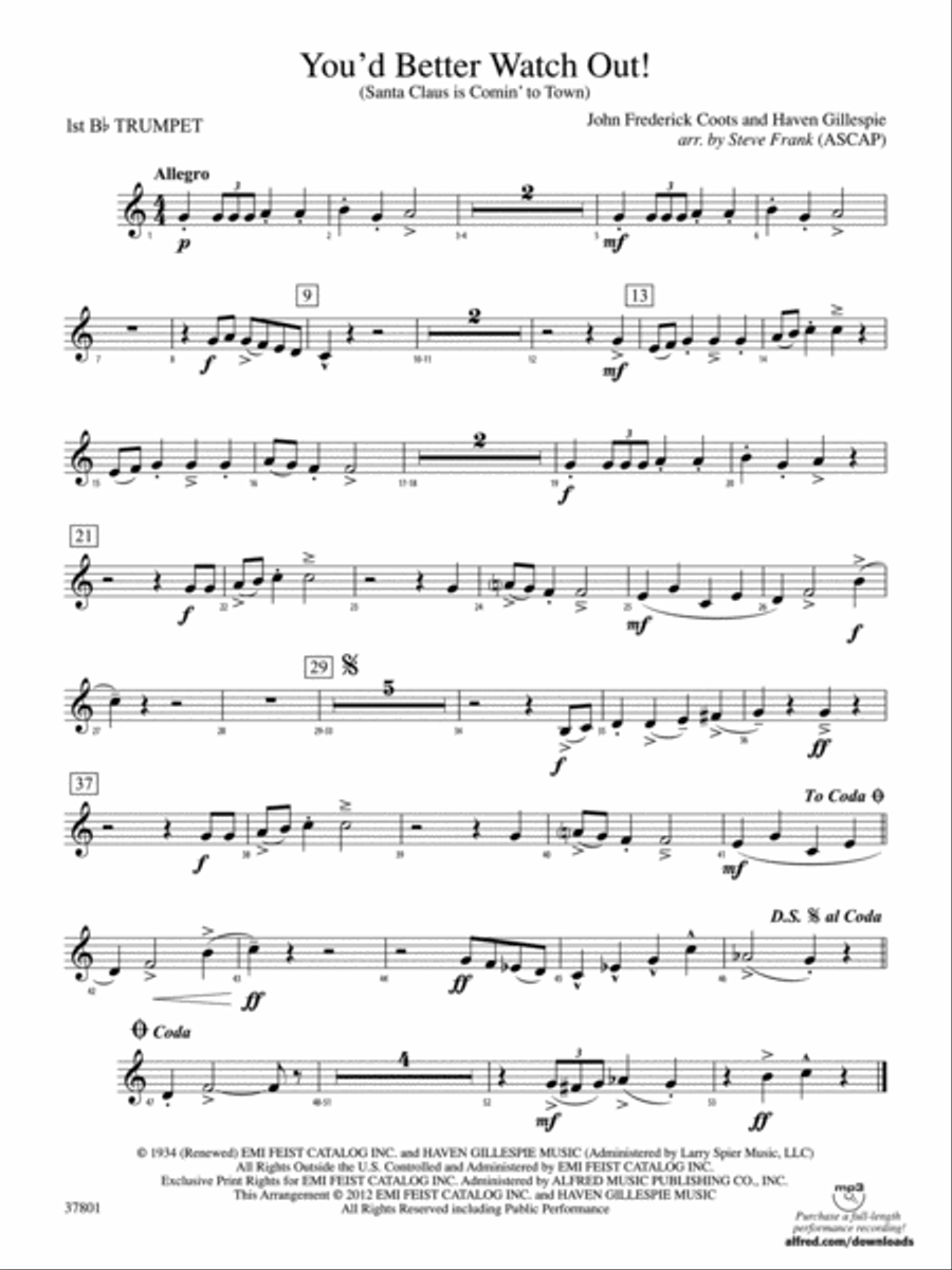 You'd Better Watch Out!: 1st B-flat Trumpet Concert Band scores gallery preview page 1