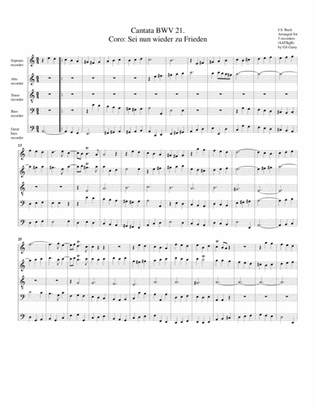 Book cover for Coro: Sei nun wieder zu Frieden from Cantata BWV 21 (arrangement for 5 recorders)