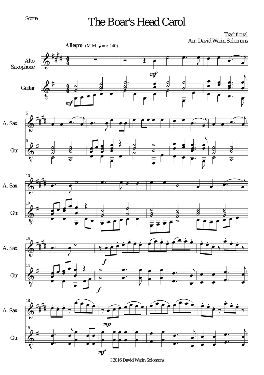The Boar's Head Carol for alto saxophone and guitar Alto Saxophone scores gallery preview page 1