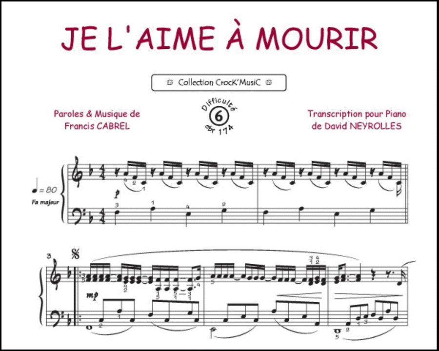 Je l'aime à mourir (Collection CrocK'MusiC) Piano Solo scores gallery preview page 1