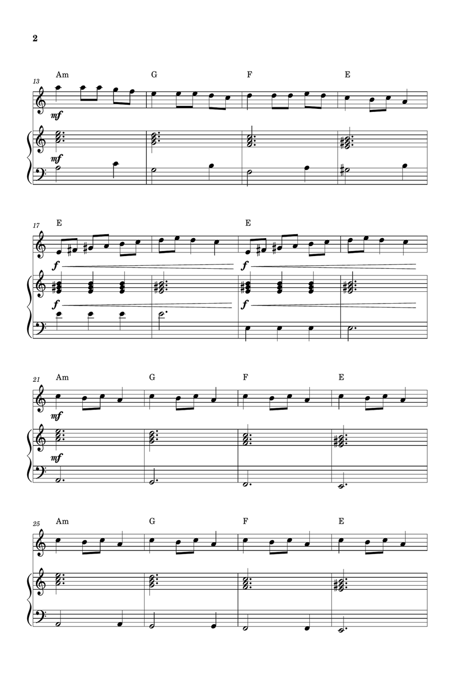 Carol of the Bells for Flute and Piano (Very Easy - Beginner) in A minor - With Chords Flute scores gallery preview page 2