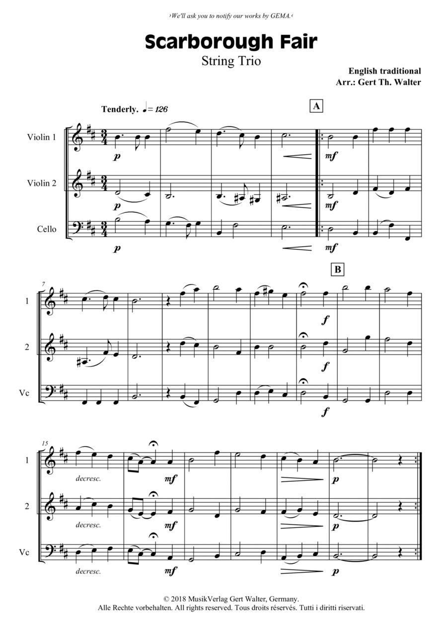 Scarborough Fair String Trio scores gallery preview page 1