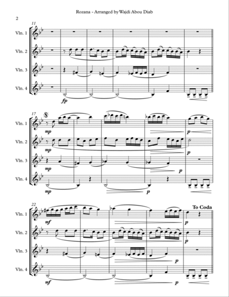 AL ROZANA (arabic song) - Violin quartet String Quartet scores gallery preview page 2