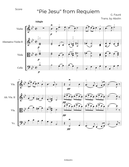 Fauré: "Pie Jesu" from "Requiem" - String Trio, or 2 Violins and Cello image number null