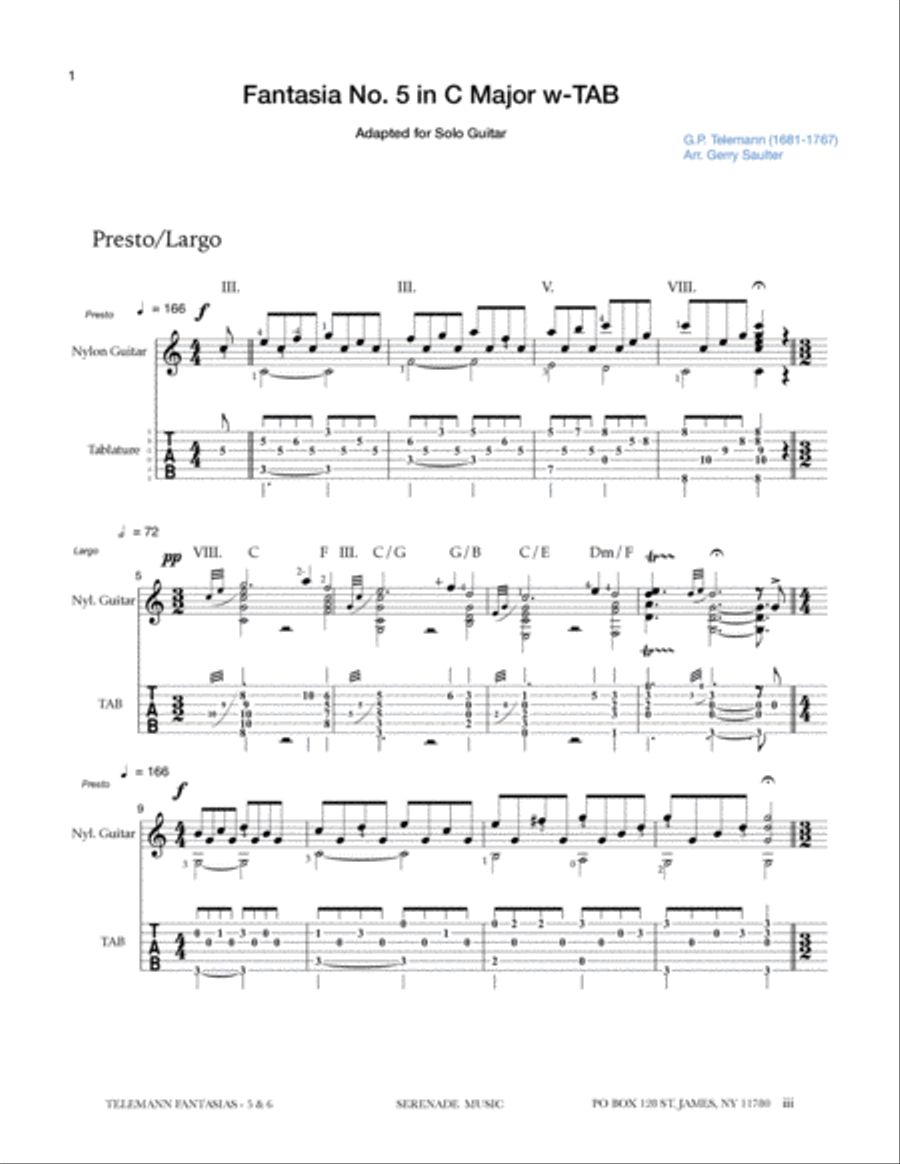 G.P. Telemann - Fantasias No. 5 & 6, adapted and arranged for solo guitar Classical Guitar scores gallery preview page 3