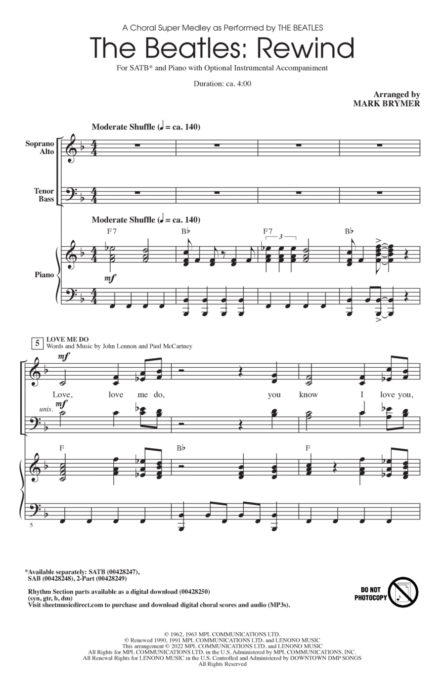 The Beatles: Rewind (Medley) (arr. Mark Brymer) 4-Part scores gallery preview page 1