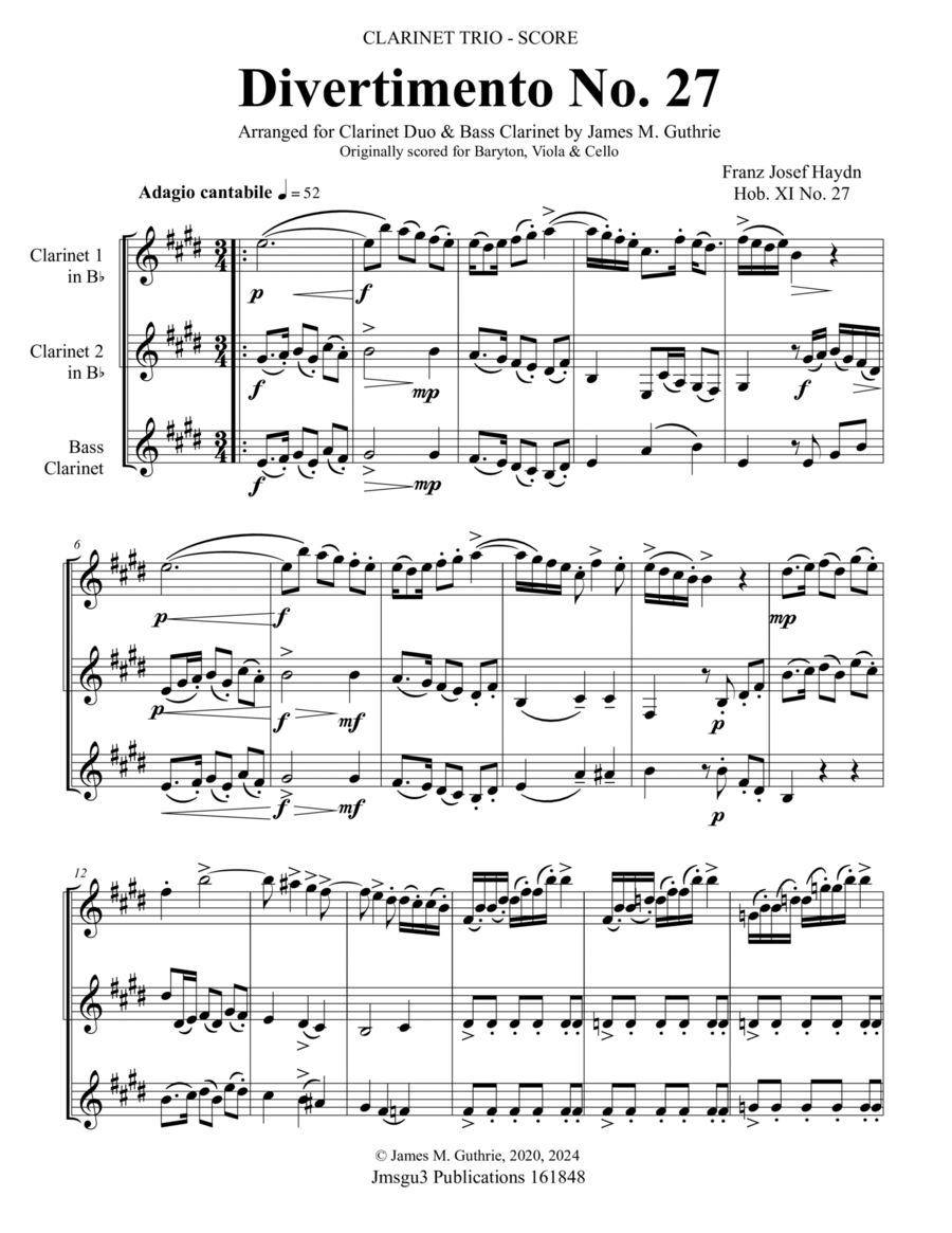 Haydn: Divertimento No. 27 for Clarinet Trio Clarinet Trio scores gallery preview page 1