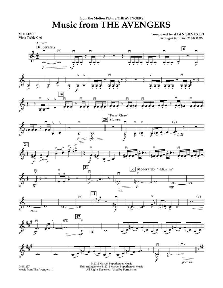 Music from The Avengers - Violin 3 (Viola Treble Clef) Orchestra scores gallery preview page 1