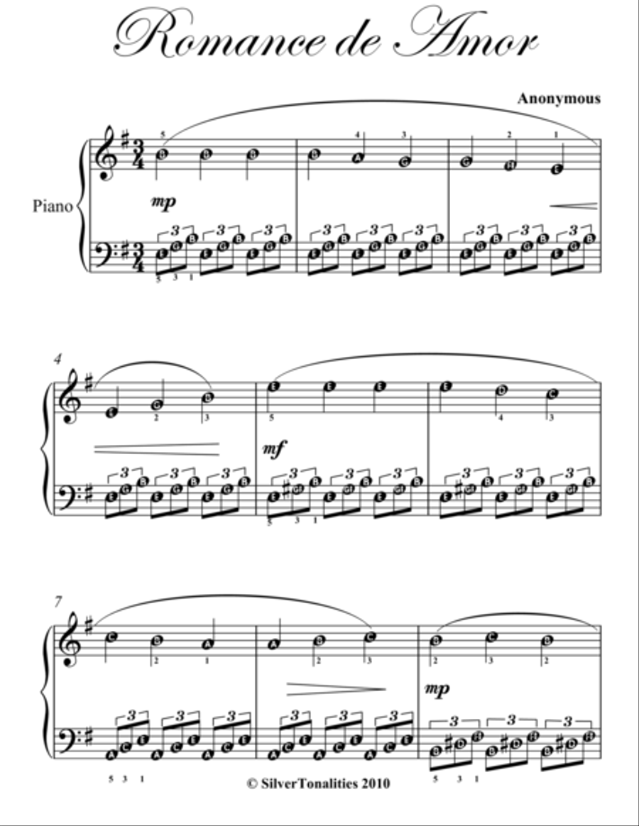 Romance de Amor Easy Piano Sheet Music Easy Piano scores gallery preview page 2