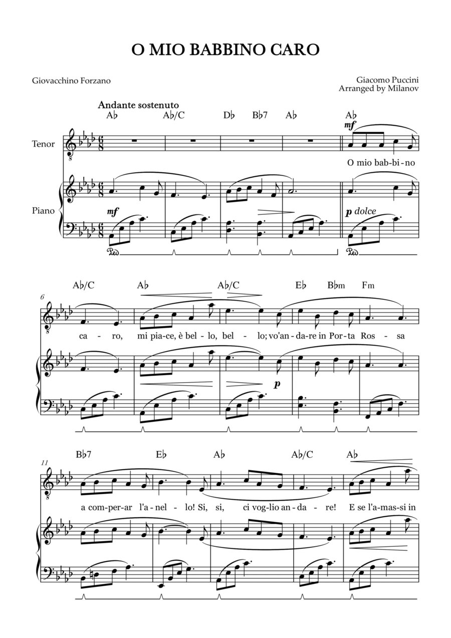 O Mio Babbino Caro | Male Voice Tenor | A-flat Major | Piano accompaniment | Pedal | Chords Tenor Voice scores gallery preview page 1