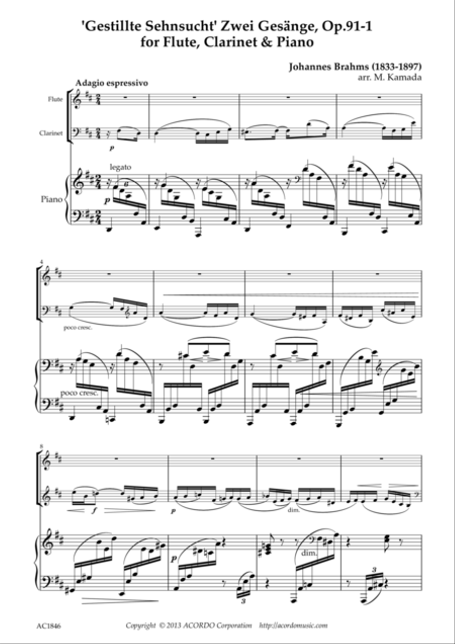 'Gestillte Sehnsucht' Zwei Gesänge, Op.91-1 for Flute, Clarinet & Piano Woodwind Duet scores gallery preview page 1