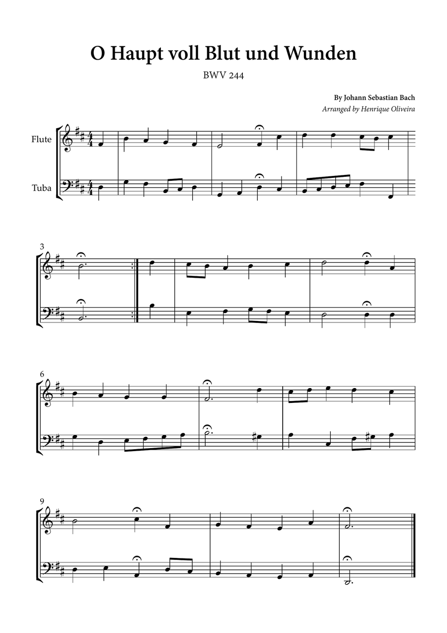 O Haupt voll Blut und Wunden (Flute and Tuba) - Johann Sebastian Bach Flute scores gallery preview page 1