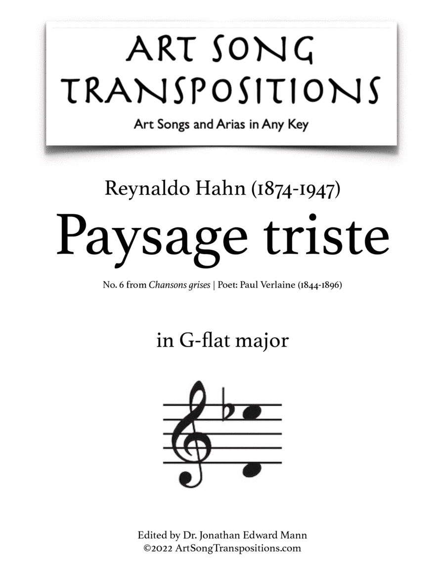 HAHN: Paysage triste (transposed to G-flat major) Voice scores gallery preview page 1