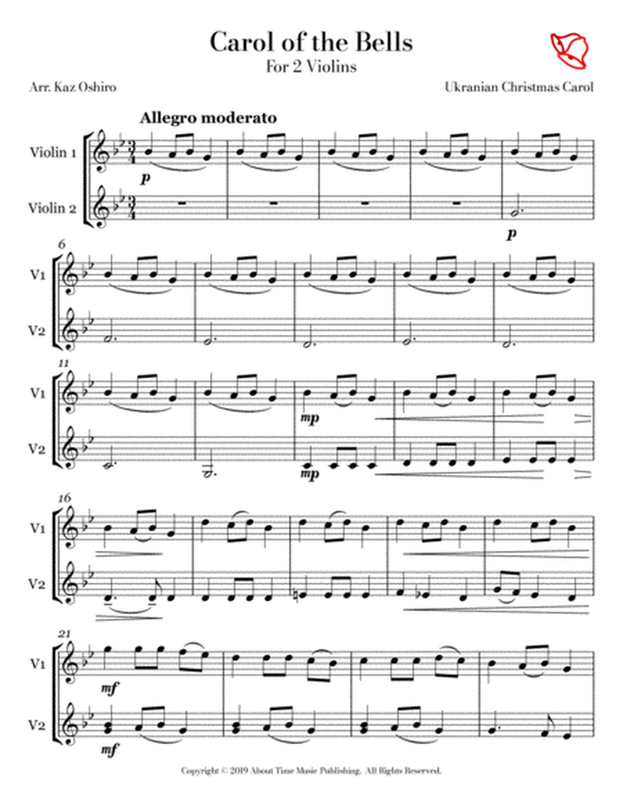 Carol of the Bells - for 2 Violins (violin duet), G minor