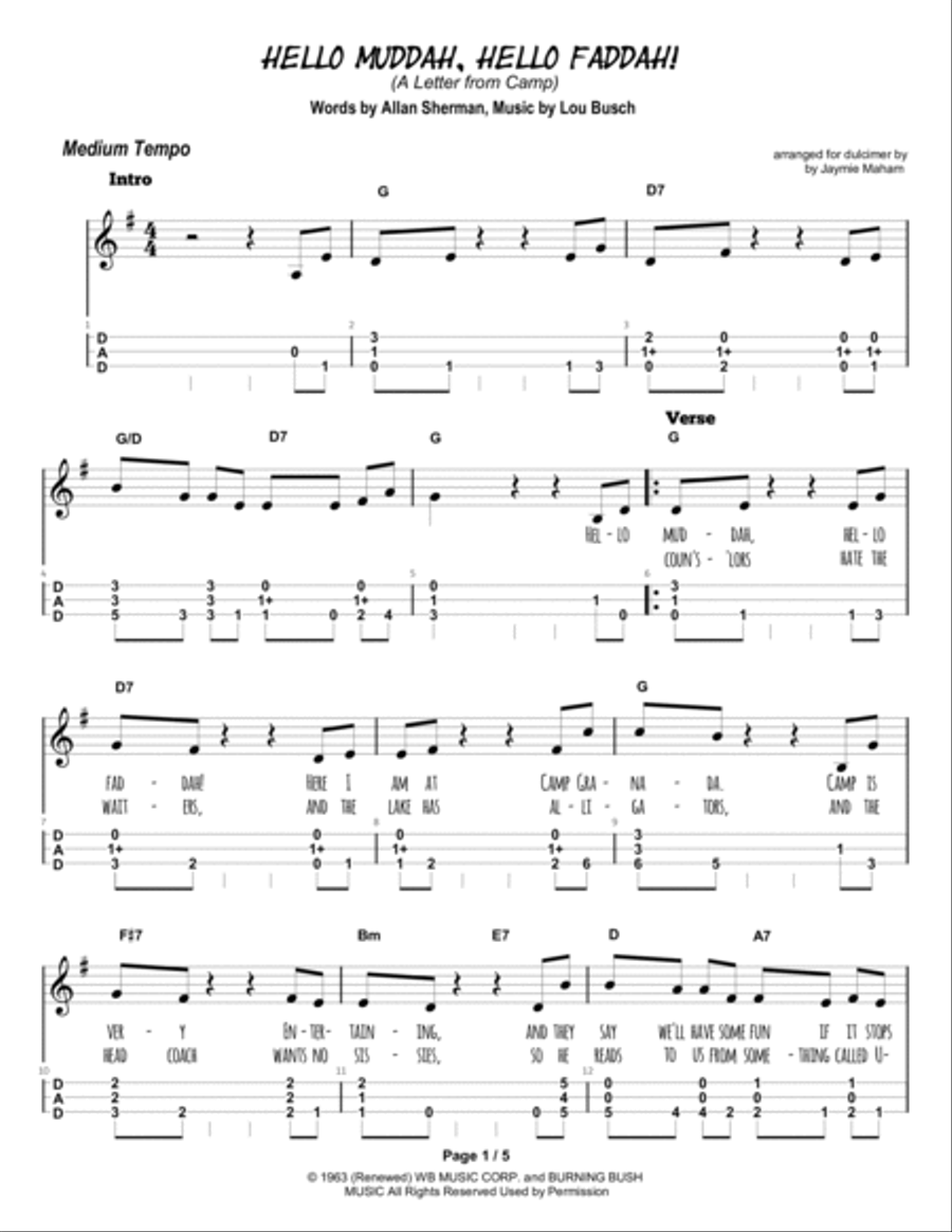 Hello Mudduh, Hello Fadduh! (a Letter From Camp) Dulcimer scores gallery preview page 2
