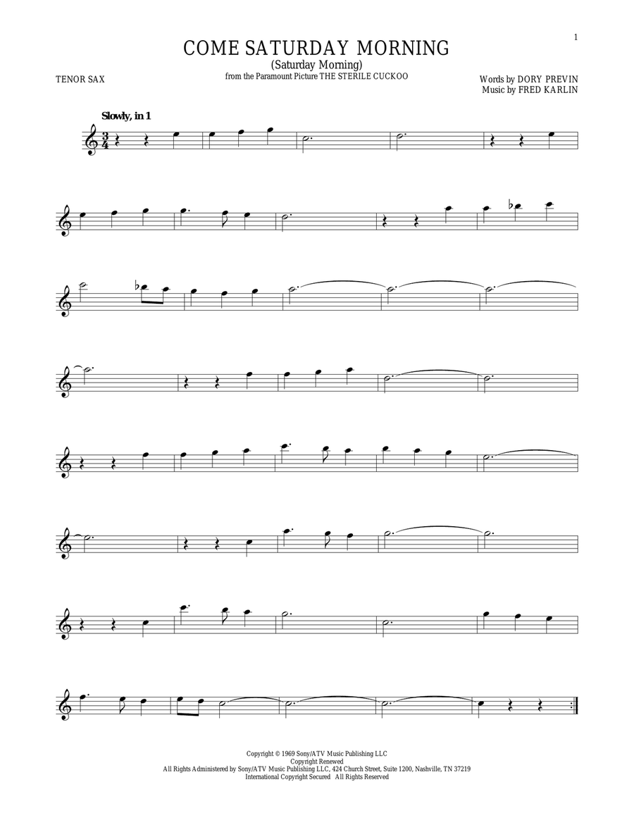 Come Saturday Morning (Saturday Morning) Tenor Saxophone scores gallery preview page 1