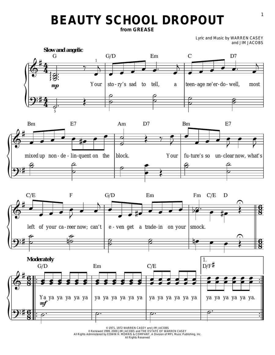 Beauty School Dropout Easy Piano scores gallery preview page 1