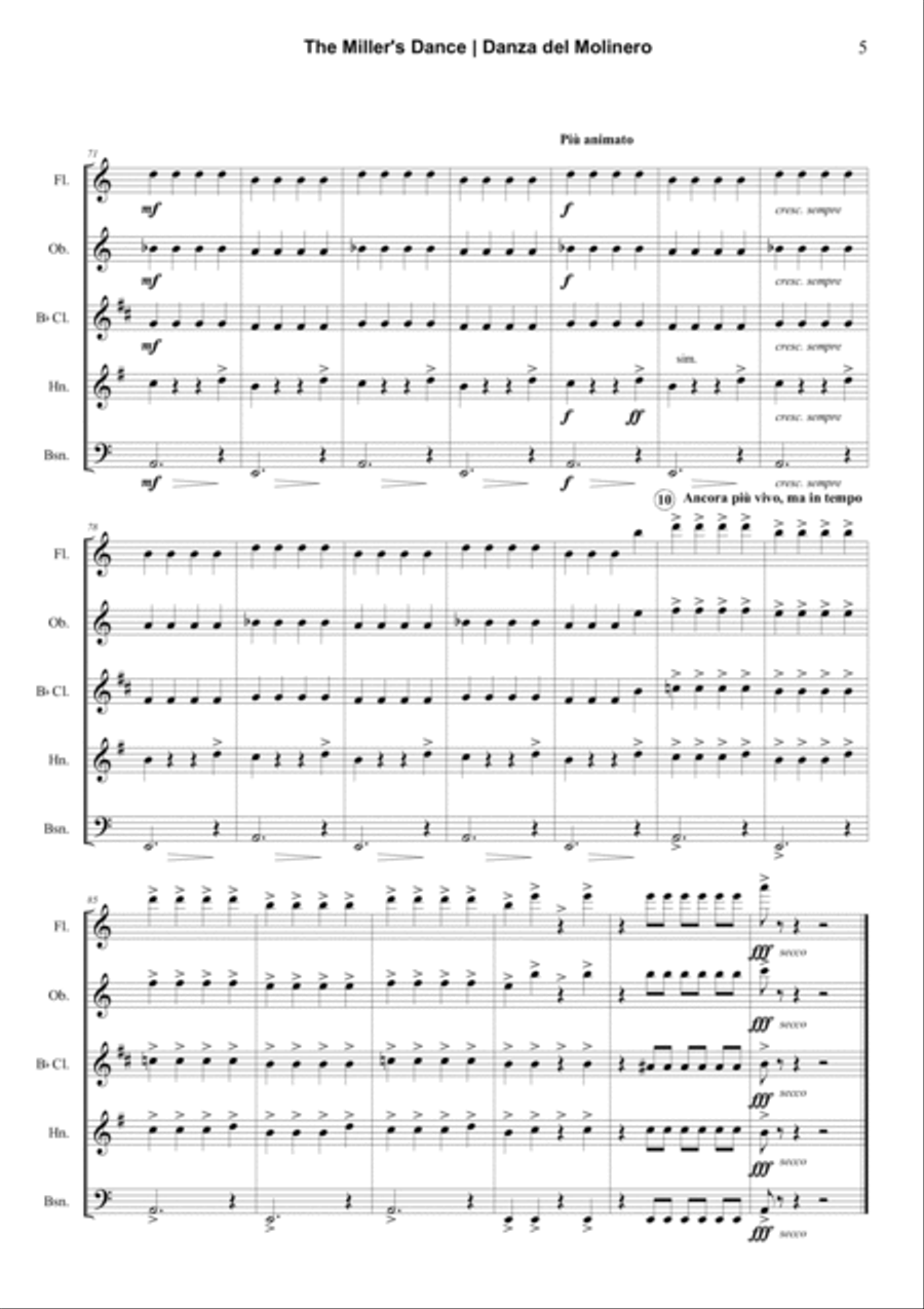 Dance of the Miller (Danza del Molinero) from from The Three-Cornered Hat Woodwind Quintet scores gallery preview page 5