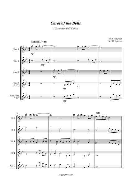 Carol of the Bells (Ukrainian Bell Carol) - Jazz Arrangement for Flute Quartet image number null