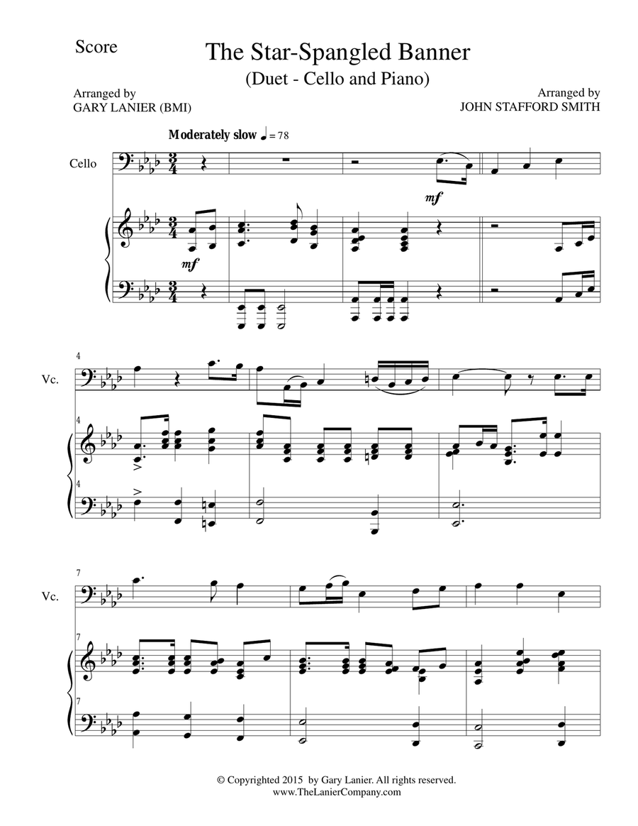 THE STAR-SPANGLED BANNER (Duet – Cello and Piano/Score and Parts) Piano scores gallery preview page 2