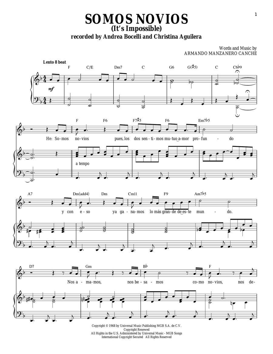 Somos Novios (duet with Christina Aguilera) Piano, Vocal scores gallery preview page 1