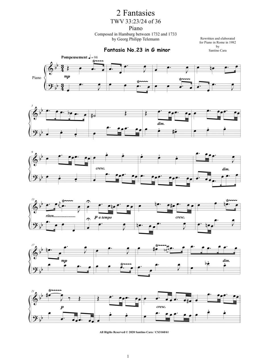 Telemann - 2 Fantasies in (G minor, B flat major) TWV 33 No.23-24 of 36 for Piano Piano Solo scores gallery preview page 1