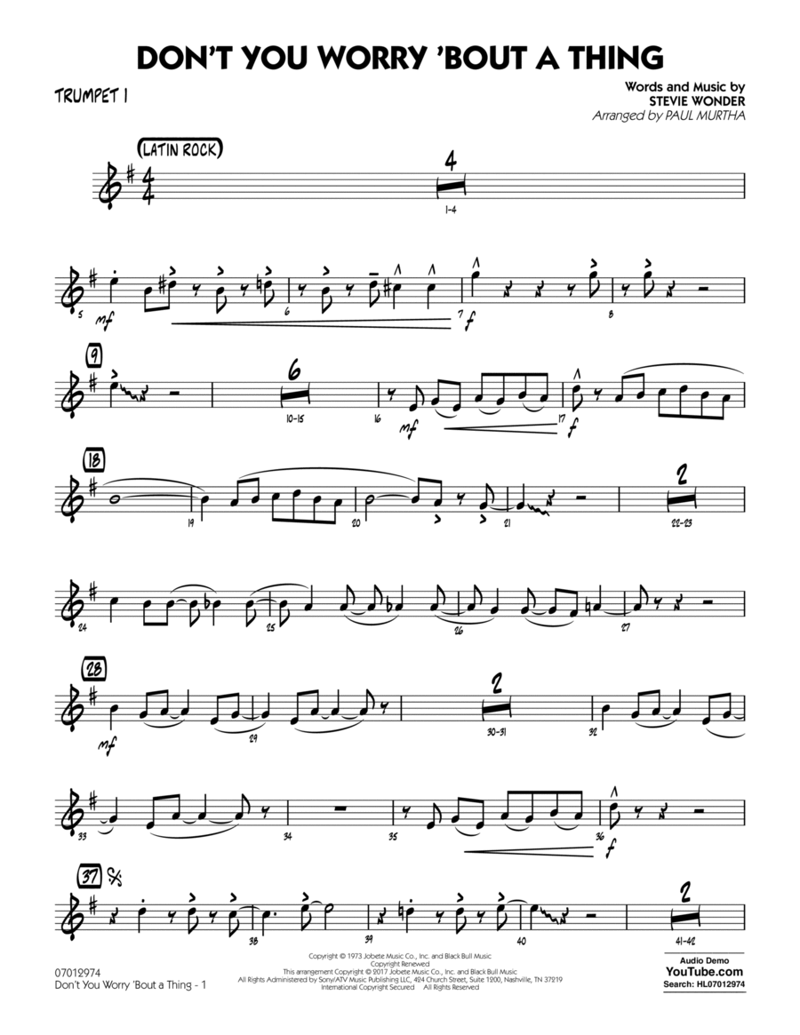 Don't You Worry 'Bout a Thing - Trumpet 1 Trumpet scores gallery preview page 1