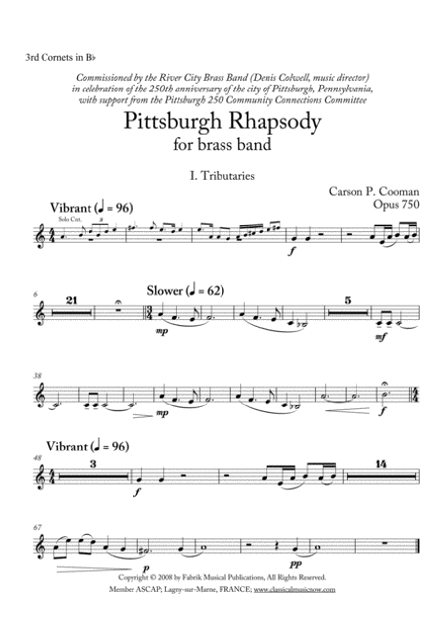 Carson Cooman: Pittsburgh Rhapsody (2008) for brass band, 3rd cornet part Brass Band scores gallery preview page 1