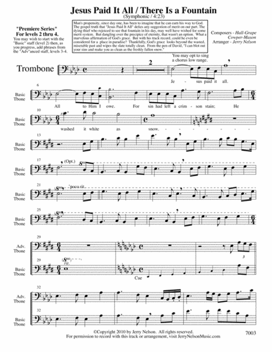 Jesus Paid It All with There Is A Fountain (Arrangements Level 2-4 for TROMBONE + Written Acc) Hymn image number null