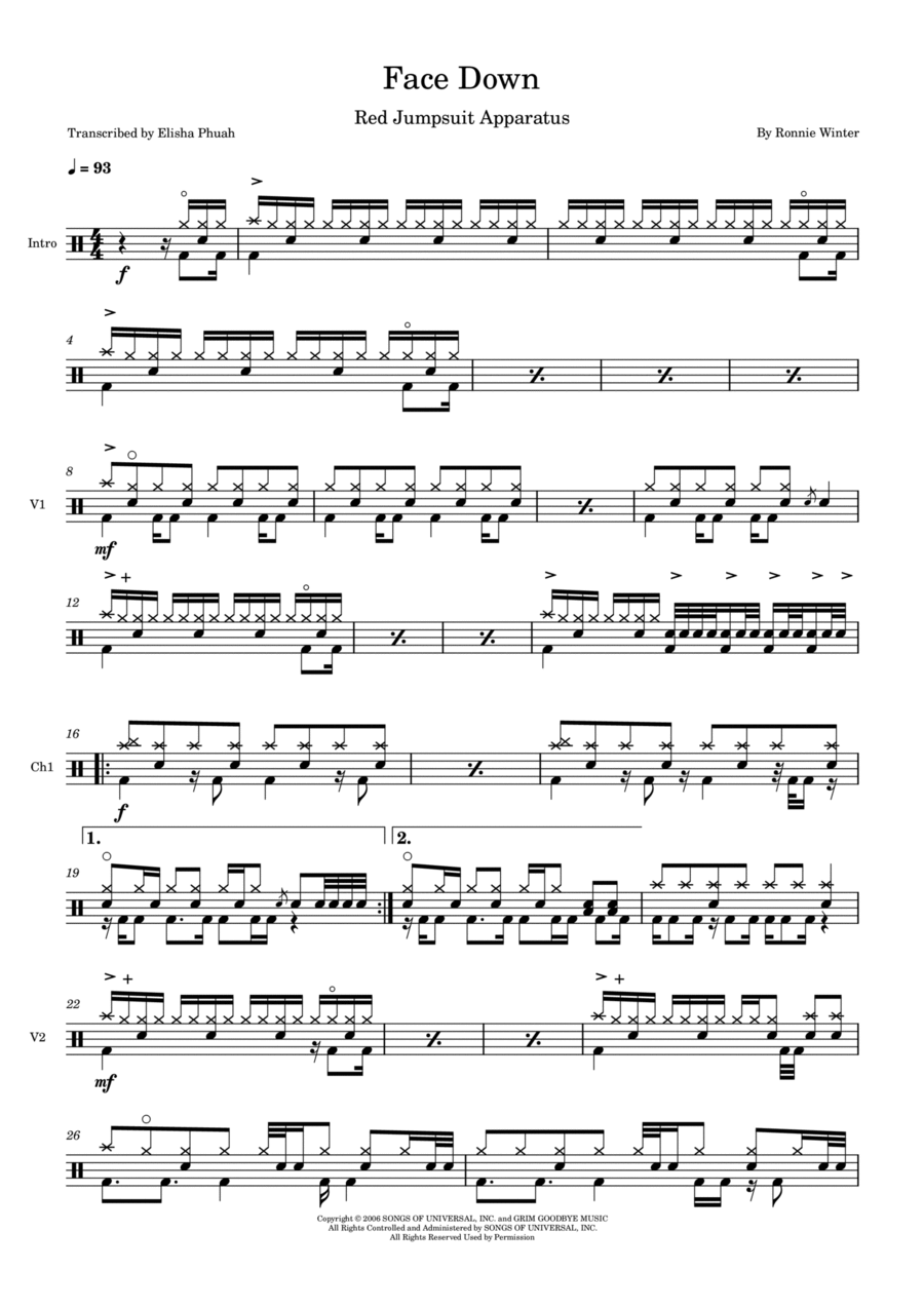 Face Down by The Red Jumpsuit Apparatus Drum Set Digital Sheet