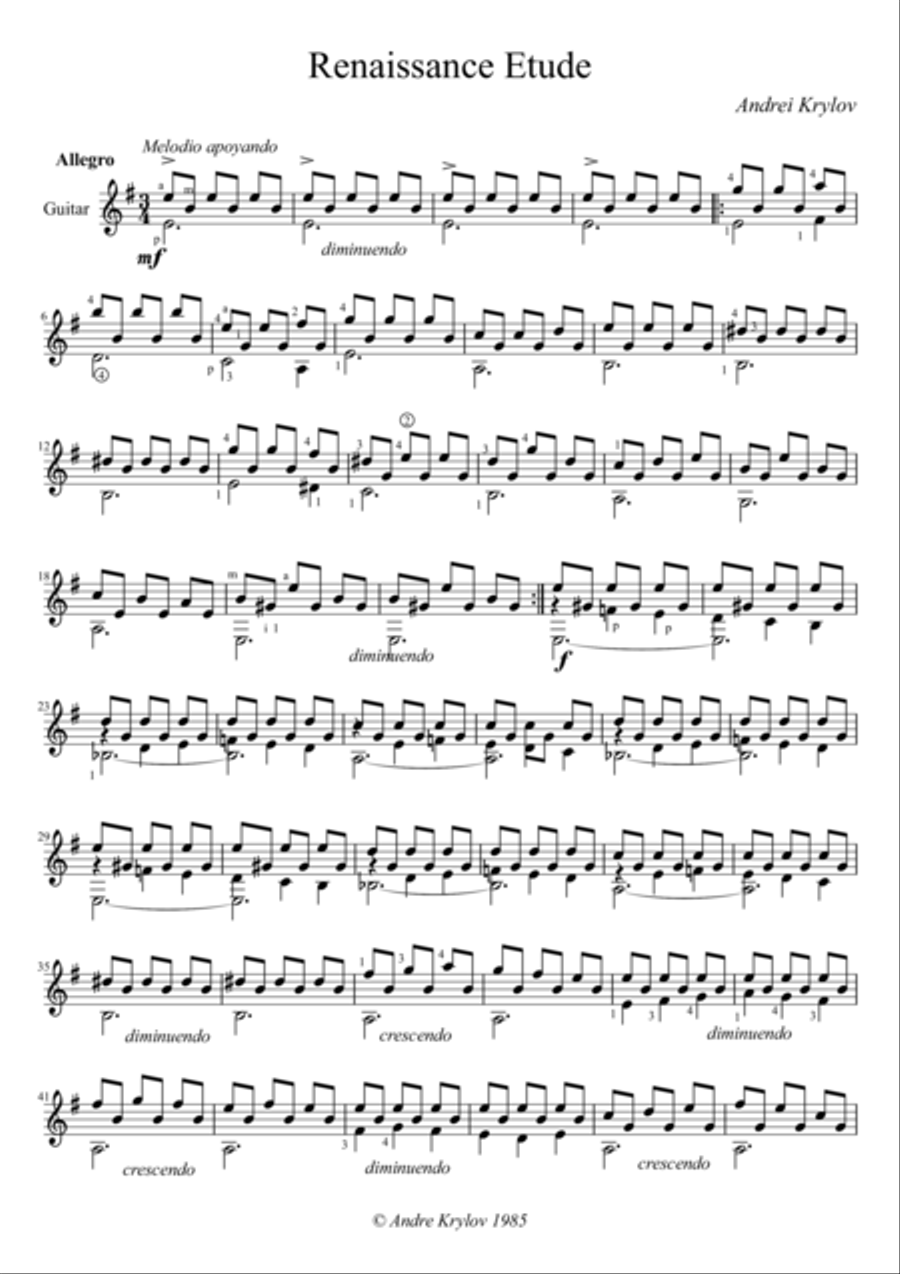 Renaissance Etude for Classical guitar by Andrei Krylov Acoustic Guitar scores gallery preview page 1