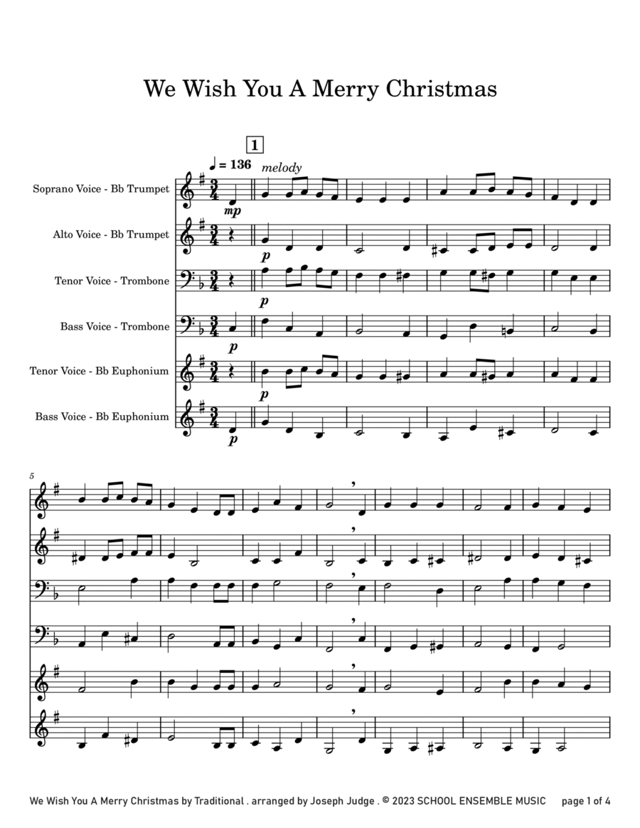 We Wish You A Merry Christmas for Brass Quartet in Schools Brass Quartet scores gallery preview page 1