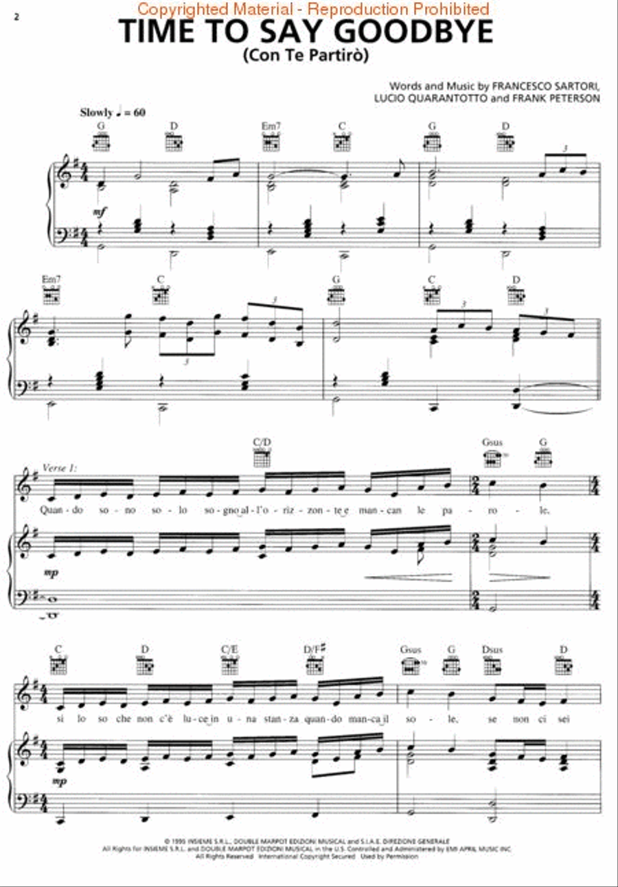 Time to Say Goodbye Piano, Vocal, Guitar scores gallery preview page 2